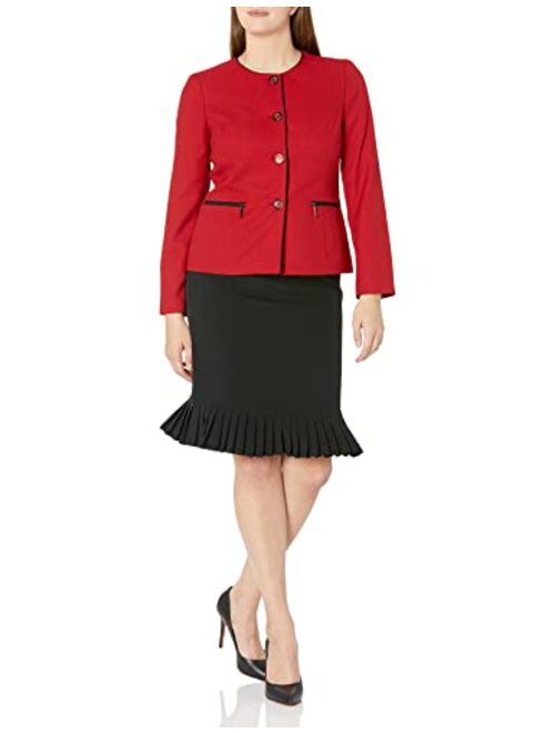 Kasper Women's Geo Texture Four Button Two Pocket Jacket with Zippers, Piping, and Pleated Skirt