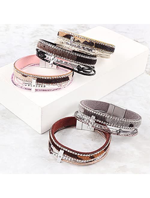 Riah Fashion Bohemian Faux Leather Wrap Multi Layer Statement Bracelet - Cross Christian Religious Leatherette Cuff Crystal Rhinestone, Metallic Bead, Acrylic Pearl Bangle