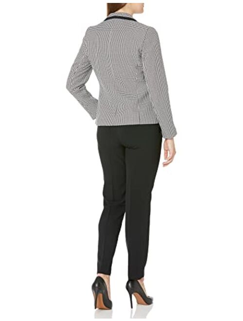 Kasper Women's Houndstooth One Button Jacket with Combo Framing and Slim Pant