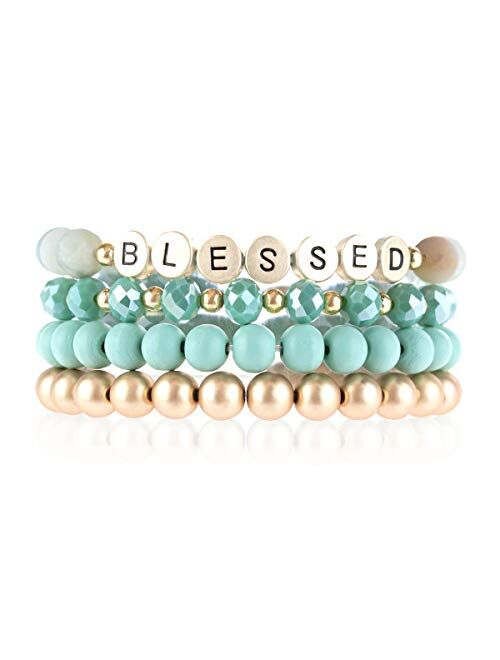 Riah Fashion Inspirational Lettering Beaded Stretch Bracelet - Religious Christian Cross Strand Natural Stone, Sparkly Crystal Prayer Cuff Bangle