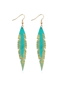 Bohemian Genuine Suede Real Leather Leaf Drop Earrings - Lightweight Feather Shape Tassel Dangles Fringe, Angel Wing