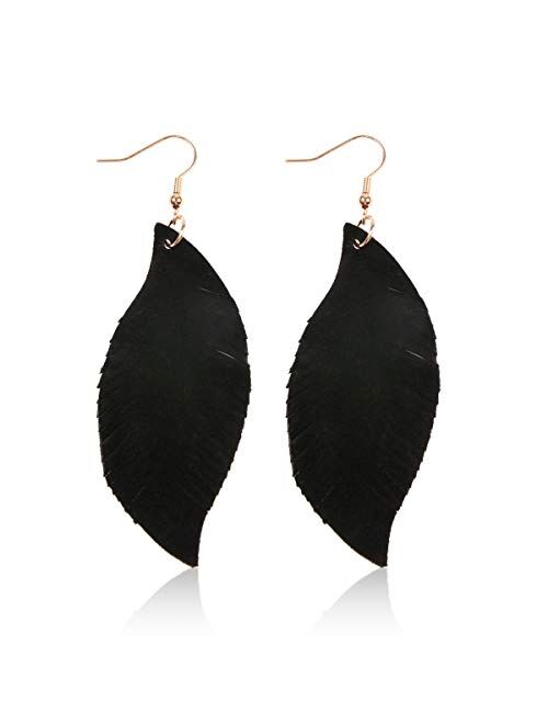Riah Fashion Bohemian Genuine Suede Real Leather Leaf Drop Earrings - Lightweight Feather Shape Tassel Dangles Fringe, Angel Wing