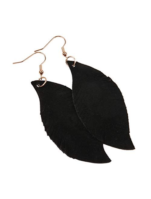 Riah Fashion Bohemian Genuine Suede Real Leather Leaf Drop Earrings - Lightweight Feather Shape Tassel Dangles Fringe, Angel Wing