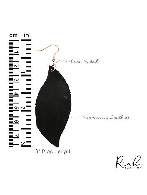 Riah Fashion Bohemian Genuine Suede Real Leather Leaf Drop Earrings - Lightweight Feather Shape Tassel Dangles Fringe, Angel Wing