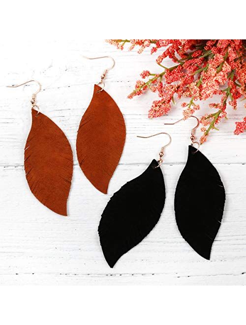 Riah Fashion Bohemian Genuine Suede Real Leather Leaf Drop Earrings - Lightweight Feather Shape Tassel Dangles Fringe, Angel Wing