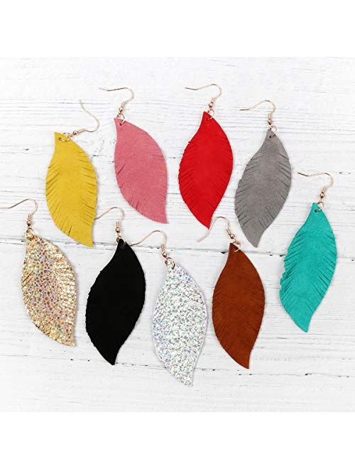 Riah Fashion Bohemian Genuine Suede Real Leather Leaf Drop Earrings - Lightweight Feather Shape Tassel Dangles Fringe, Angel Wing