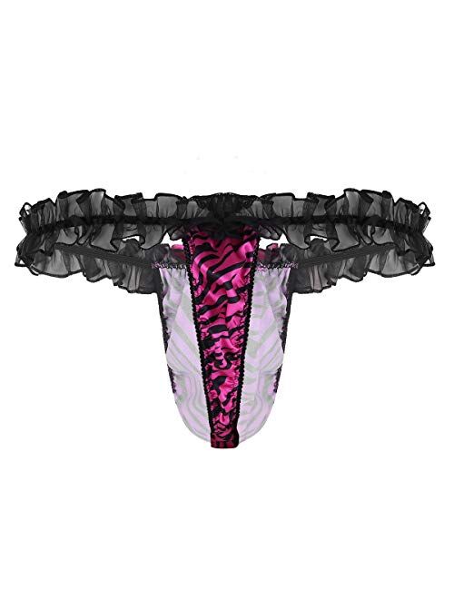 inhzoy Men's Frilly Ruffled Lace Low Rise Sissy Stripe Pouch Crossdress Panties T-Back Underwear
