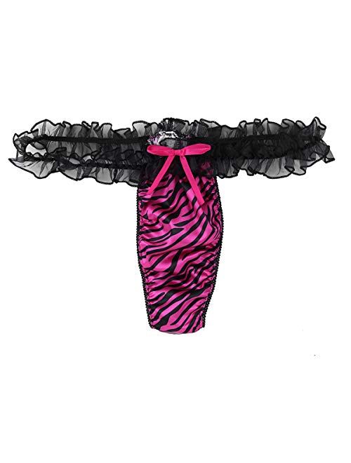 inhzoy Men's Frilly Ruffled Lace Low Rise Sissy Stripe Pouch Crossdress Panties T-Back Underwear