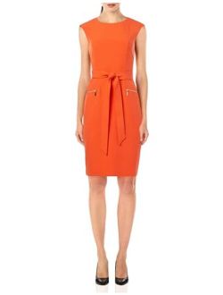 Women's Stretch Crepe Cap Sleeve Dress with Tie Belt and Zip Pockets