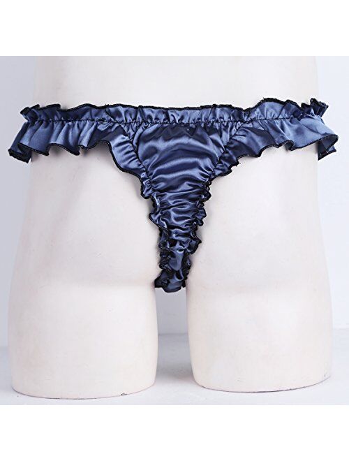 iEFiEL Men's Soft Satin Polka Dot Ruffled Extra Frilly Thong Sissy Underwear Tanga Panties