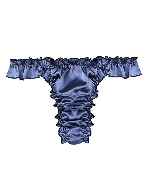 iEFiEL Men's Soft Satin Polka Dot Ruffled Extra Frilly Thong Sissy Underwear Tanga Panties