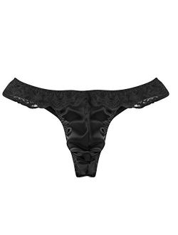 ACSUSS Men's Frilly Lace Ruffled Sissy Pouch Silk Satin Bikini Thongs Underwear