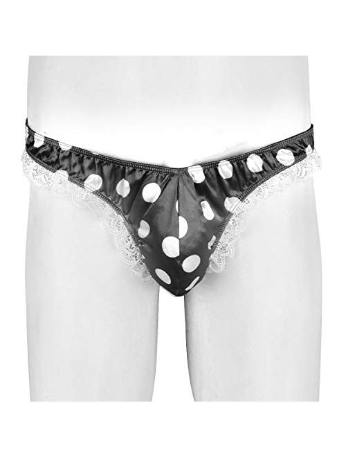 Hularka Men's Satin Bikini Briefs Thong Lace Polka Dots Frilly Sissy Pouch Panties Crossdress Underwear