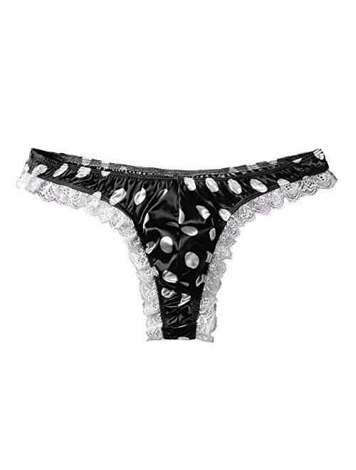 Buy Hularka Mens Satin Bikini Briefs Thong Lace Polka Dots Frilly Sissy Pouch Panties