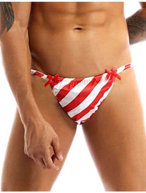 FEESHOW Men's Satin Red&White Striped Christmas Santa Bikini Briefs Sissy Panties Underwear