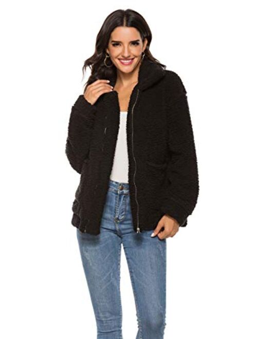 YYW Womens Shearling Coat Long Sleeve Lapel Zip Up Shaggy Sherpa Jacket Camel Faux Oversized Outwear