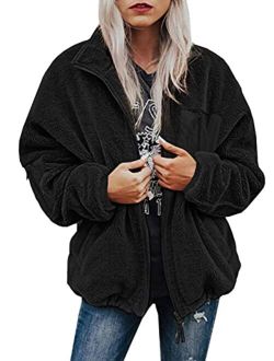 BTFBM Women Long Sleeve Full Zip Jackets Casual Solid Color Loose Soft Fleece Fuzzy Short Teddy Coats Jacket Outerwear