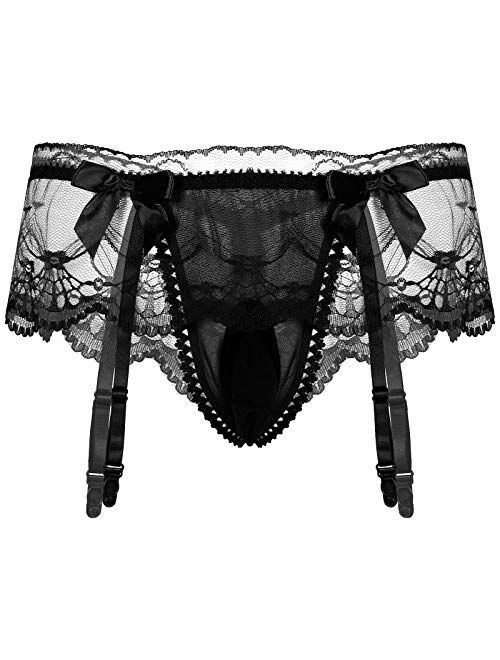 QinCiao Sissy Pouch Panties Men's Skirted Mooning Bikini Briefs Girly Underwear with Garter