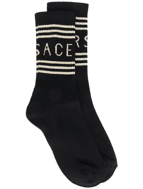 Versace Intersia Cotton Knit Blend Crew Trainer Socks With Logo And Rib Pattern