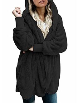 Womens Long Sleeve Solid Fuzzy Fleece Open Front Hooded Cardigans Jacket Coats Outwear with Pocket