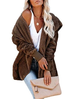 Womens Long Sleeve Solid Fuzzy Fleece Open Front Hooded Cardigans Jacket Coats Outwear with Pocket