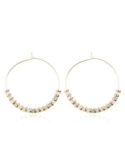 Natural Stone Beads Statement Earrings - Cutout Teardrop Open Pear Shape Beaded Drop Dangles, Round Hoops