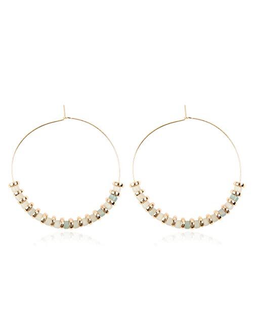 RIAH FASHION Natural Stone Beads Statement Earrings - Cutout Teardrop Open Pear Shape Beaded Drop Dangles, Round Hoops