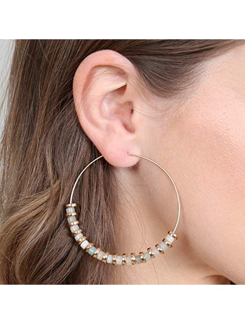 RIAH FASHION Natural Stone Beads Statement Earrings - Cutout Teardrop Open Pear Shape Beaded Drop Dangles, Round Hoops