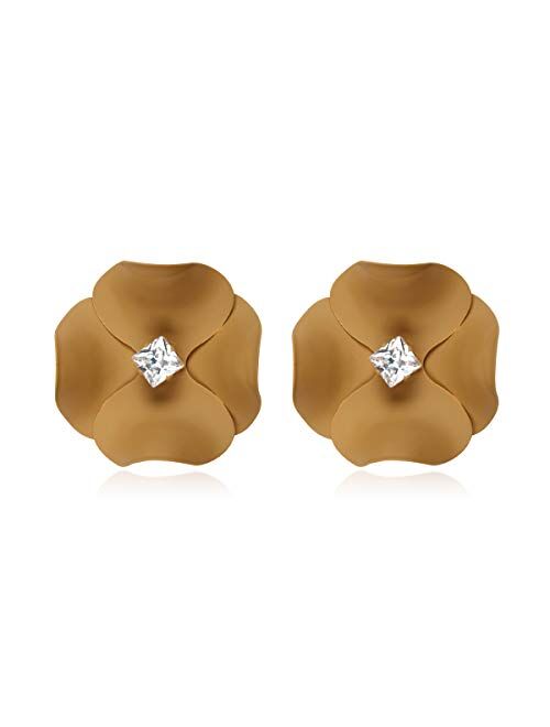 RIAH FASHION Lightweight Floral Petal Drop Earrings - Multi Petal Leaf Metallic Wired Hoop, Sparkly Rhinestone Studs, Pressed Flower Dangles