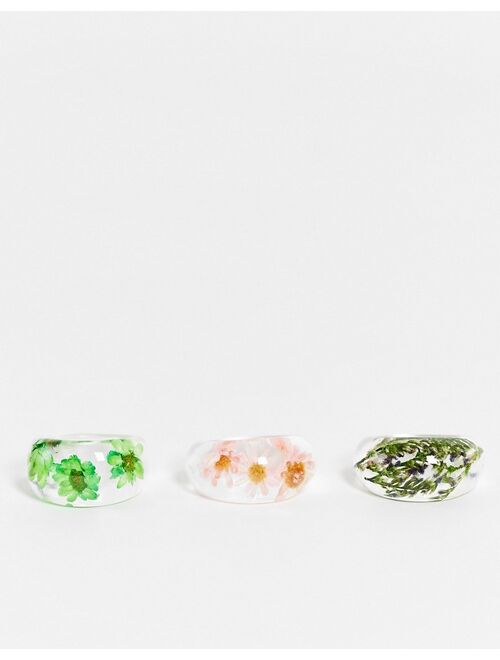 ASOS DESIGN pack of 3 rings with trapped flowers in clear plastic