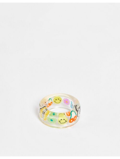 Asos Design plastic ring with trapped kitsch charms in clear