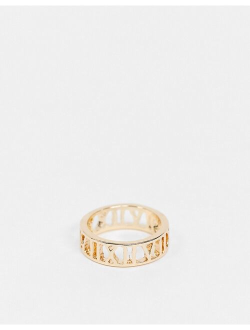 Asos Design pack of 4 rings in mixed texture and cut-out roman numerals in gold tone