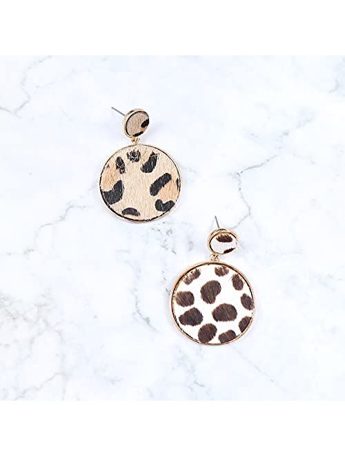RIAH FASHION Bohemian Genuine Leather Geometric Earrings - Lightweight Animal Leopard, Camo Print Dangles Heart, Teardrop, Circle Disc Dangle