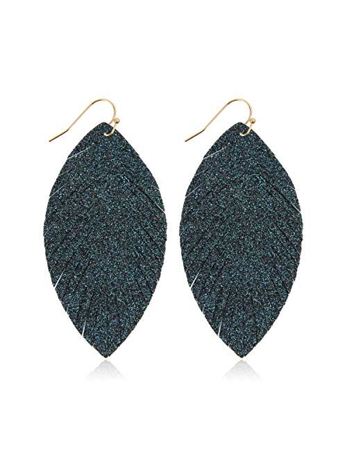 Riah Fashion Sparkly Sequin Glitter Geometric Lightweight Simple Drop Statement Earrings - Bohemian Hook Dangles Faux Leather Marquise, Petal Leaf, Teardrop Druzy