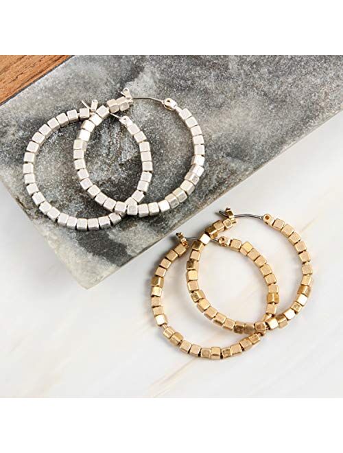 Riah Fashion Bohemian Bead Embellished Delicate Geometric Statement Earrings - Metallic Sparkly Round, Heart, Star, Octagon, Teardrop Hoops