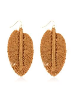 Bohemian Fringe Tassel Statement Earrings - Lightweight Strand Silky Thread Feather Leaf, Floral Fan Dangles