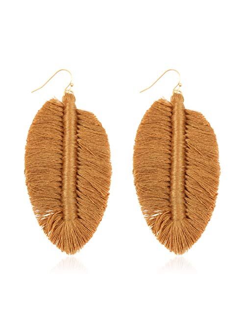 Riah Fashion Bohemian Fringe Tassel Statement Earrings - Lightweight Strand Silky Thread Feather Leaf, Floral Fan Dangles