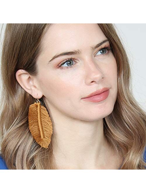 Riah Fashion Bohemian Fringe Tassel Statement Earrings - Lightweight Strand Silky Thread Feather Leaf, Floral Fan Dangles
