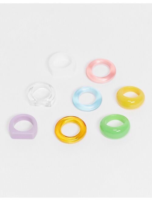 Asos Design pack of 8 mixed colorful rings in plastic