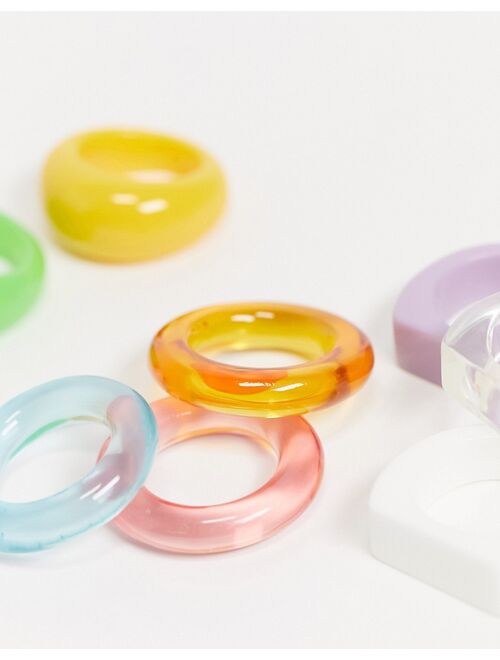 Asos Design pack of 8 mixed colorful rings in plastic