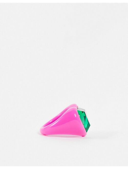 Asos Design ring in heart shape with emerald green jewel in hot pink plastic