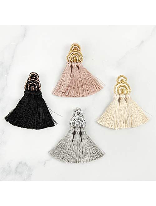 Riah Fashion Bohemian Multi Tassel Statement Drop Earrings - Silky Thread Strand Fan Fringe Chandelier Geometric Acetate, Bead, Rhinestone, Snake Faux Leather Dangles