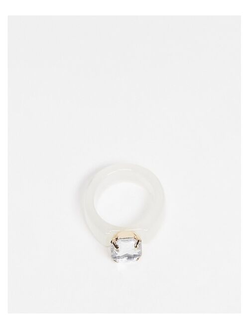 Asos Design plastic ring in white with clear crystal stone