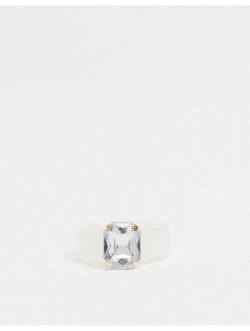 Asos Design plastic ring in white with clear crystal stone