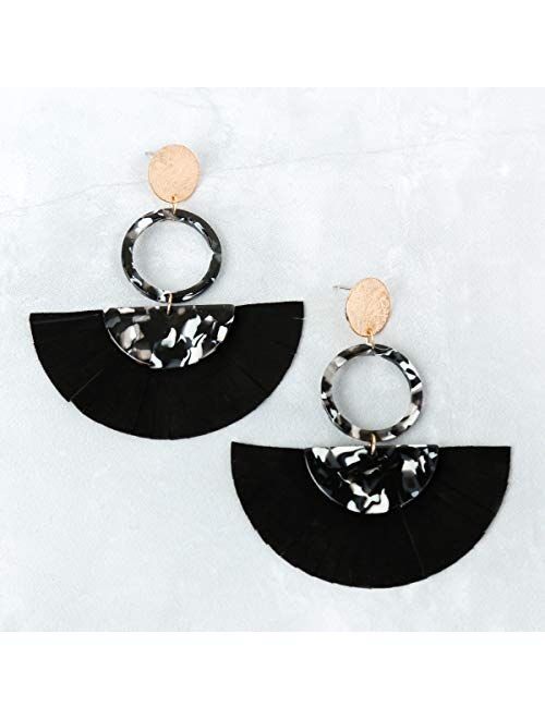 Riah Fashion Bohemian Genuine Leather Fringe Geometric Statement Earrings - Lightweight Boho Fan Tassel Hoop, Feather Leaf, Acetate Half Moon Dangles