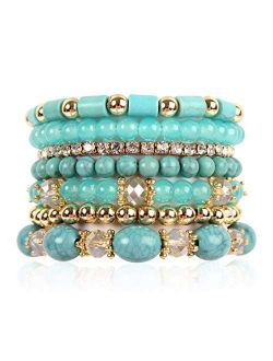Multi Layer Bead Bracelet - Colorful Stacking Beaded Strand Stretch Cuff Statement Bangles Set
