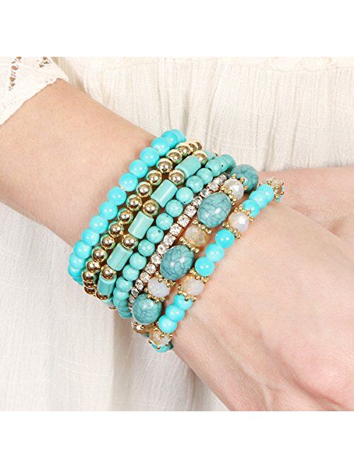 RIAH FASHION Multi Layer Bead Bracelet - Colorful Stacking Beaded Strand Stretch Cuff Statement Bangles Set