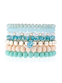 Bohemian Multi-Layer Beaded Stacking Statement Bracelets - Versatile Stretch Strand Sparkly Crystal Beads Wrap Slip-on Cuff Bangle Set