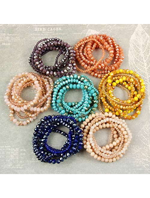 Riah Fashion Bohemian Multi-Layer Beaded Stacking Statement Bracelets - Versatile Stretch Strand Sparkly Crystal Beads Wrap Slip-on Cuff Bangle Set
