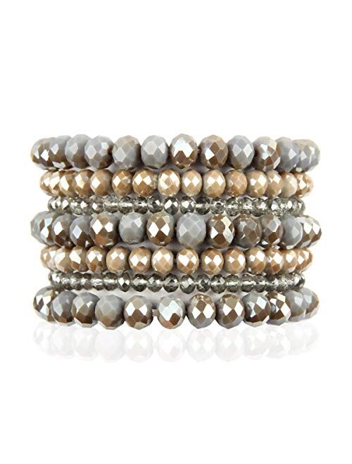 Riah Fashion Bohemian Multi-Layer Beaded Stacking Statement Bracelets - Versatile Stretch Strand Sparkly Crystal Beads Wrap Slip-on Cuff Bangle Set
